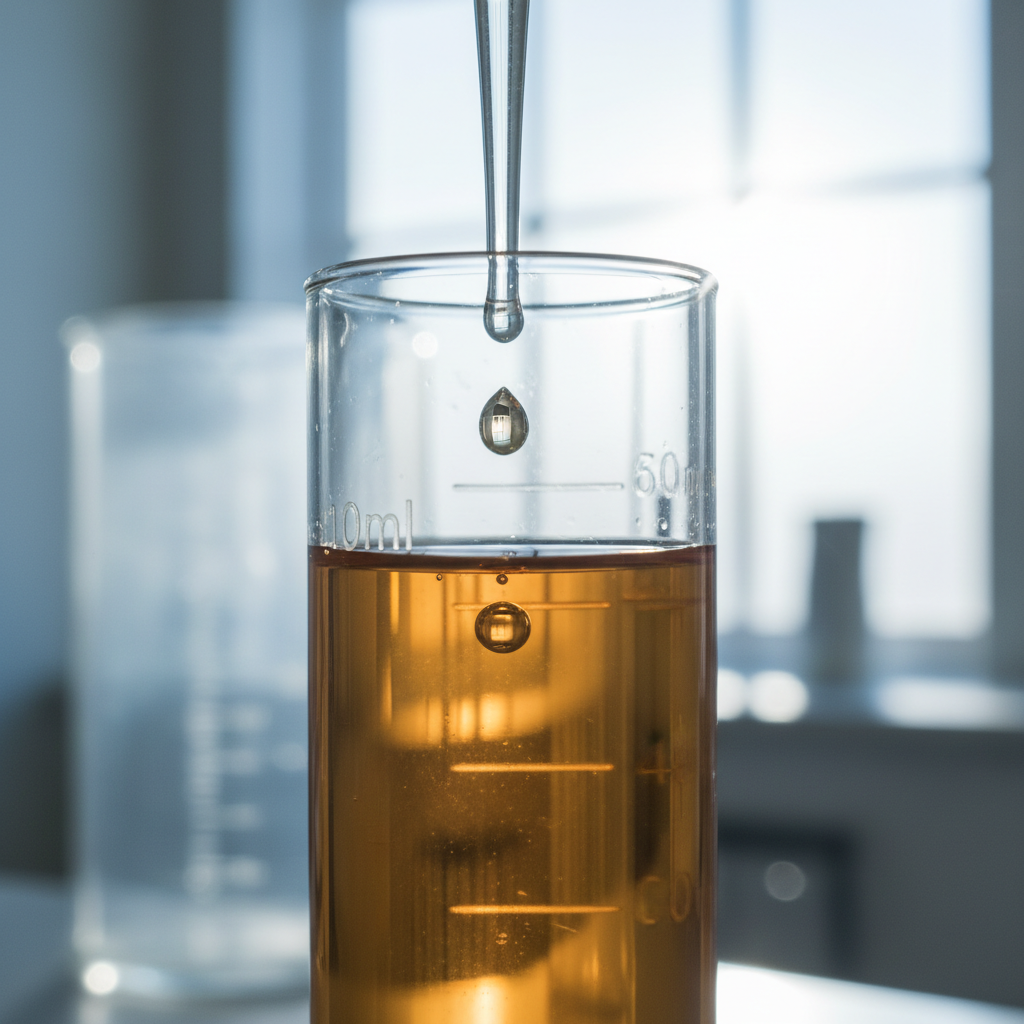 Translucent amber liquid being pipetted into a graduated cylinder in a food science lab