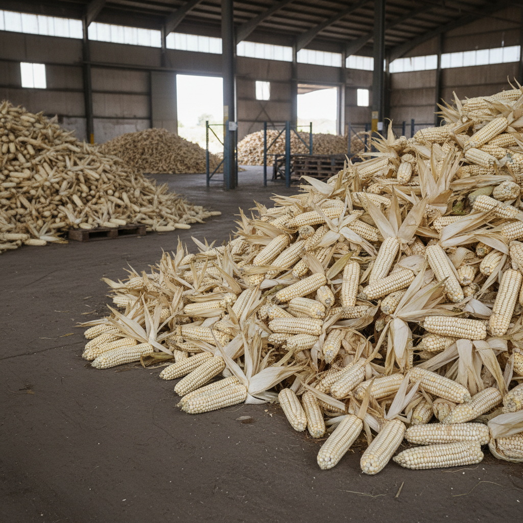 Piles of dry yellow maize cobs in warehouse, warm amber overhead light, dark wooden background