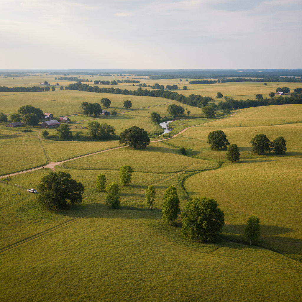Expansive rural acreage with open fields and natural landscape from above
