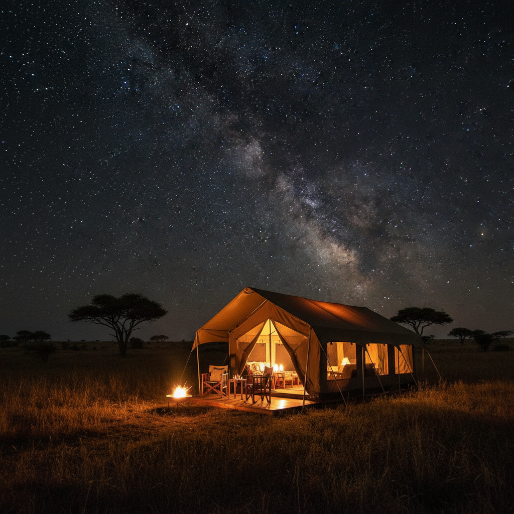 Luxury tented lodge at sunset in Uganda, warm amber light glowing through canvas walls, surrounded by African wilderness