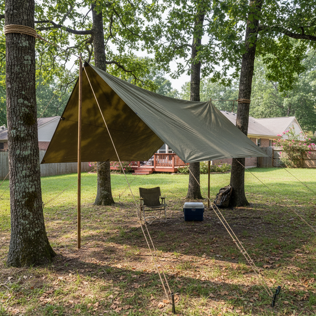 Camping shelter setup with tarp and rope in wooded suburban backyard