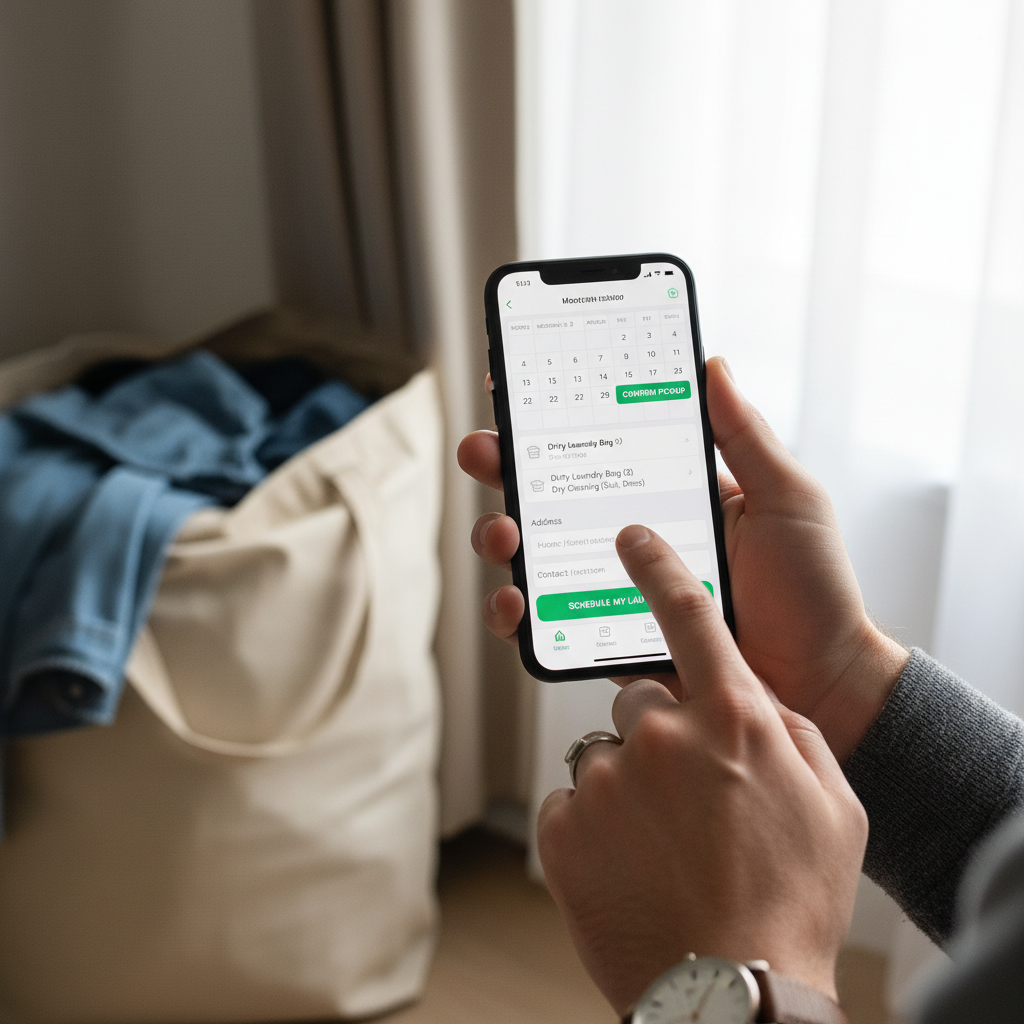 Student using a smartphone to schedule a laundry pickup