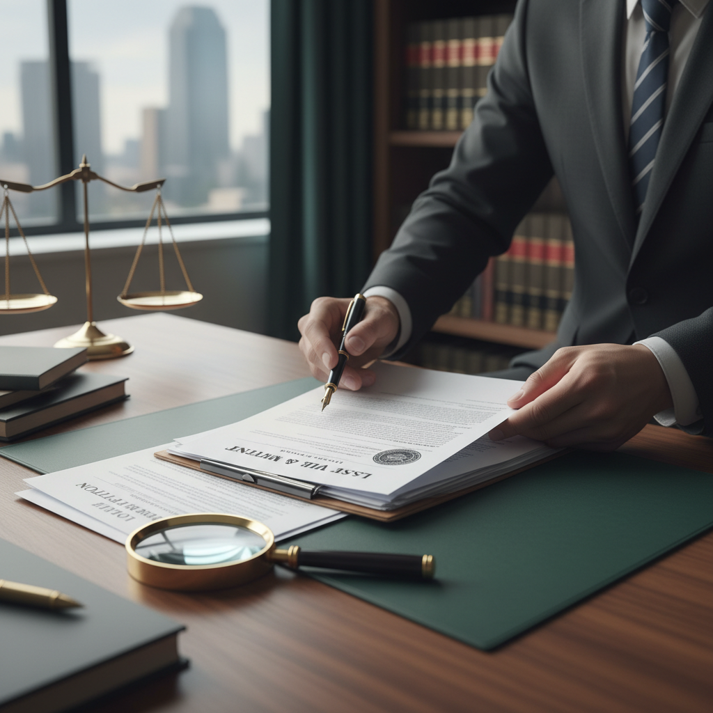 Legal document with pen on dark wooden desk in dim candlelit setting — dark moody atmosphere for white text