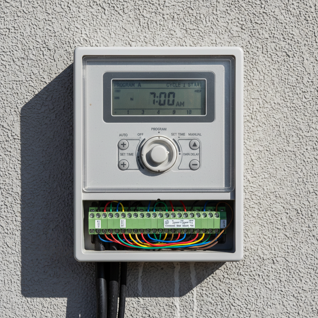 Irrigation controller panel mounted on wall with wiring terminals and programming display