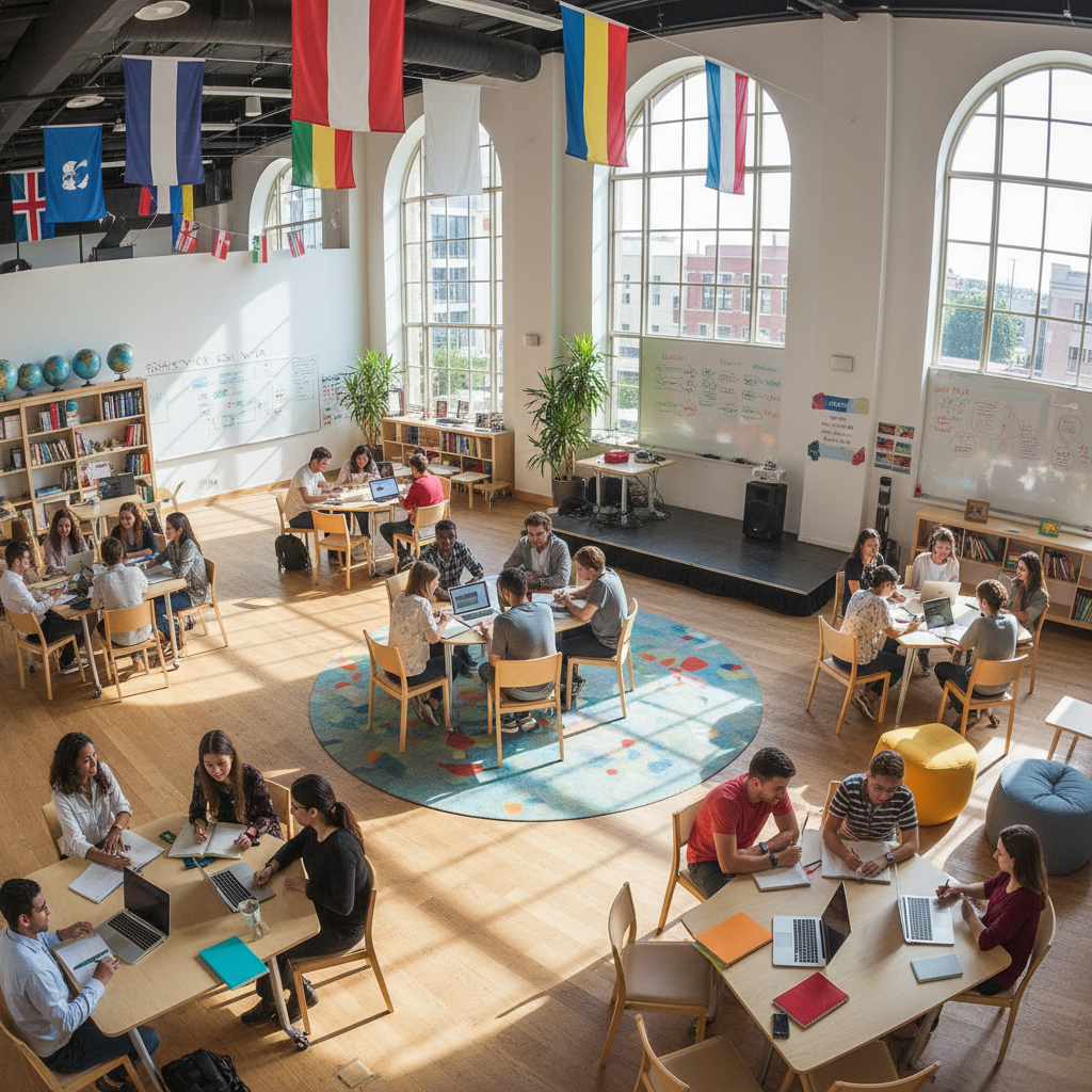 LinguaEdge students in a bright classroom, warm natural light, collaborative learning environment