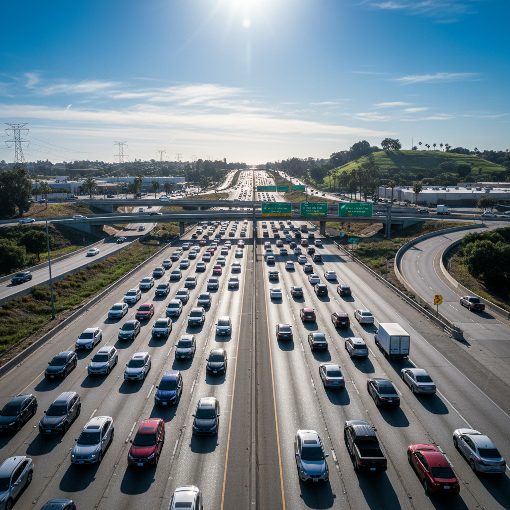 American highway with multiple lanes of traffic showing the scale of US car culture and vehicle density