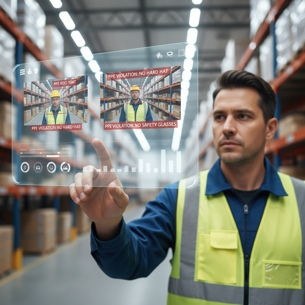Warehouse worker in safety vest demonstrating AI-powered safety compliance monitoring detecting PPE violations