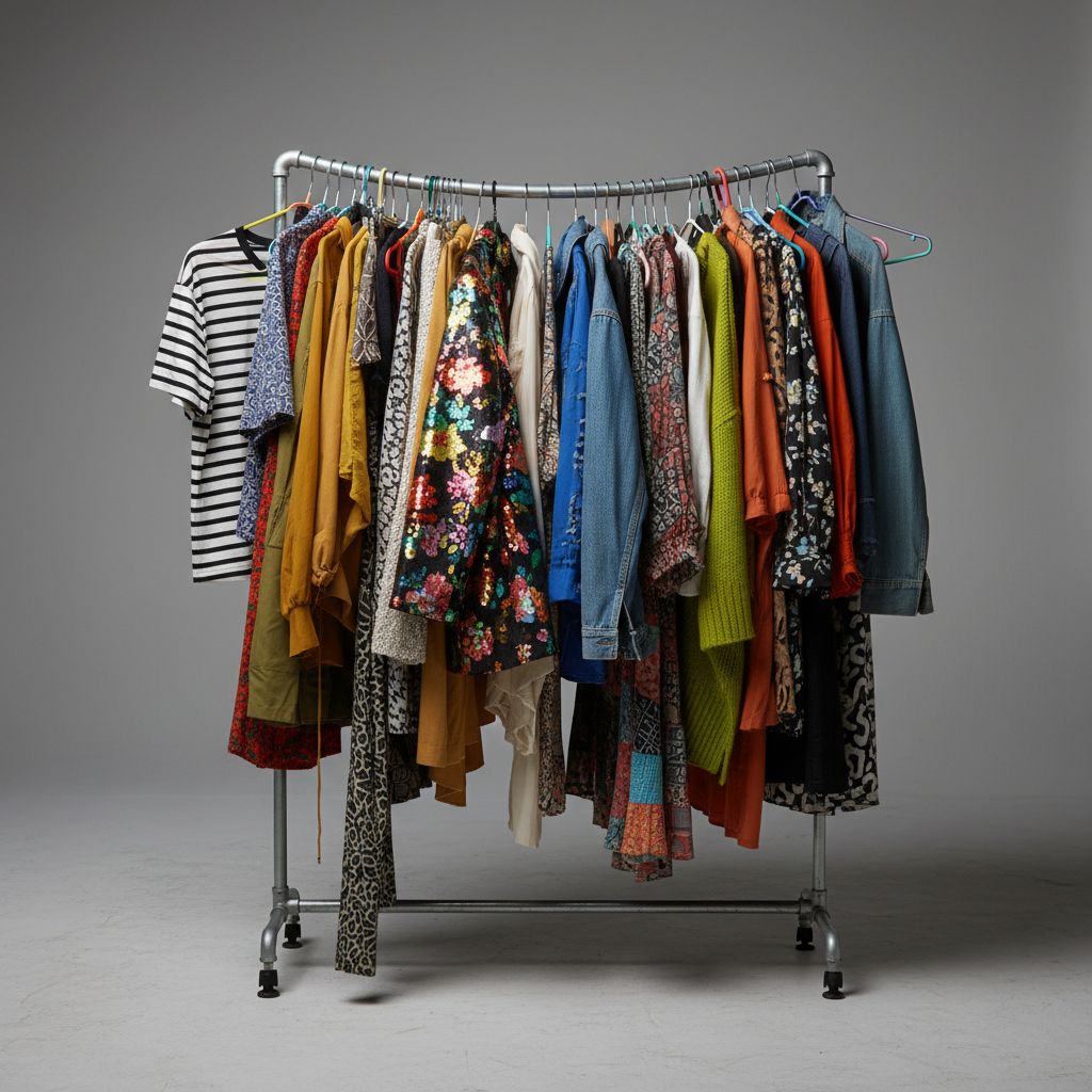Cluttered clothing rack with mismatched generic garments, no cohesion
