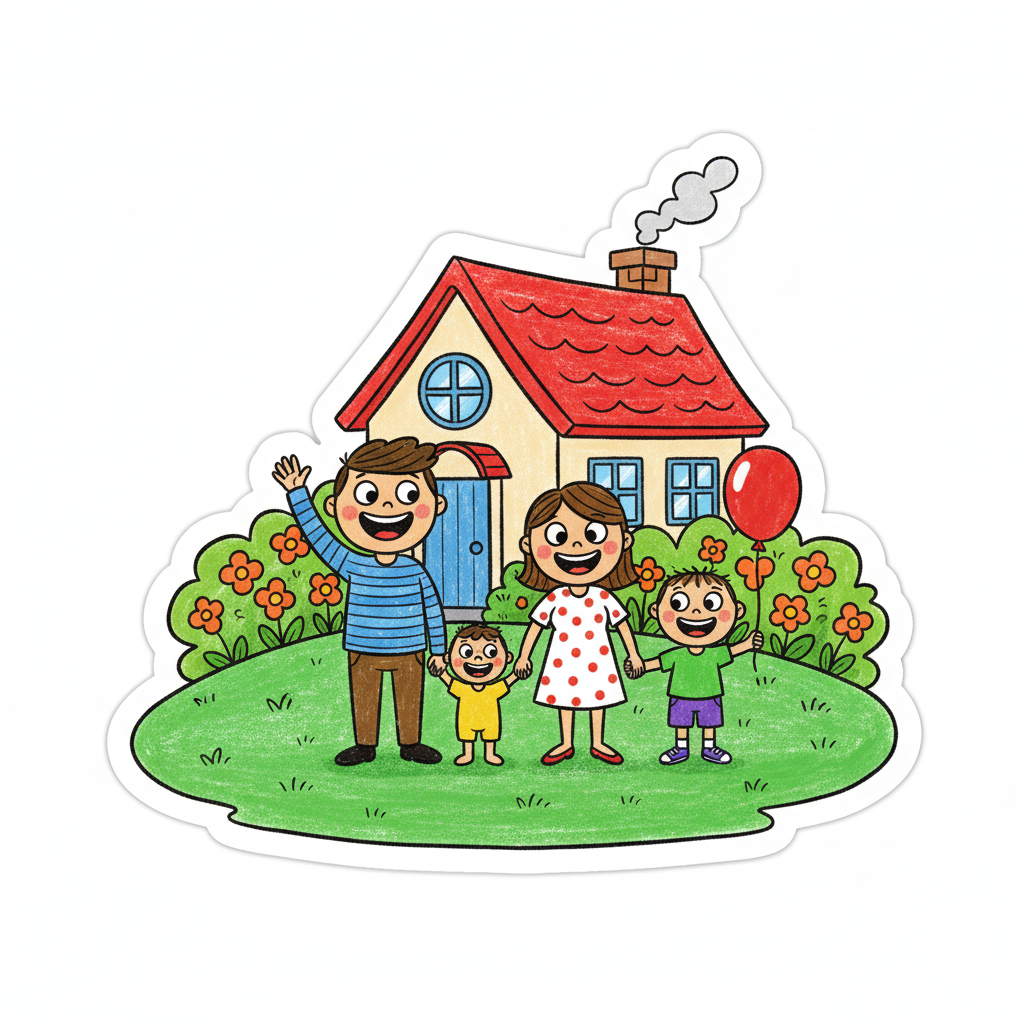 Bright crayon drawing of a house with a garden and smiling family outside
