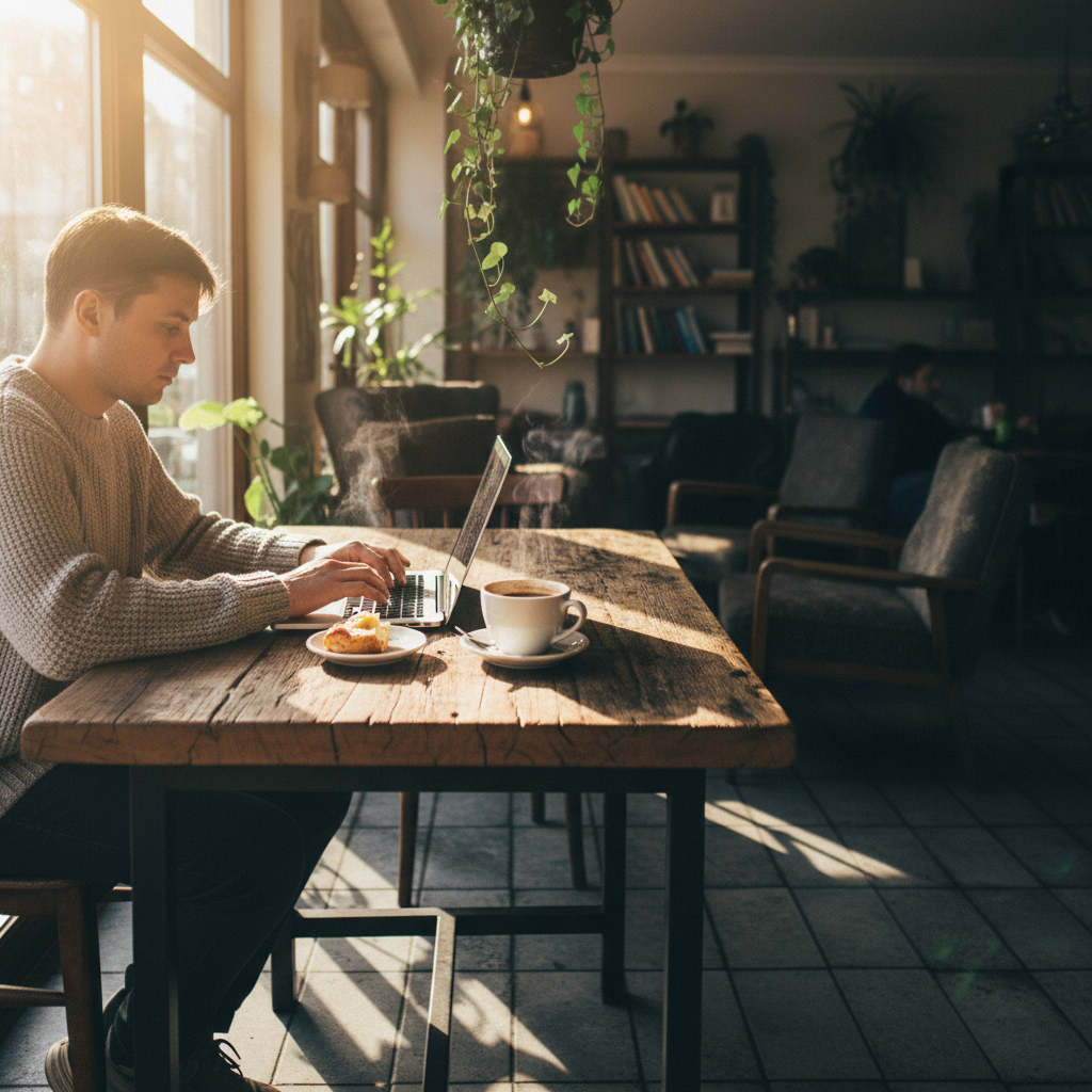Remote worker on laptop at scenic mountain cafe with valley view