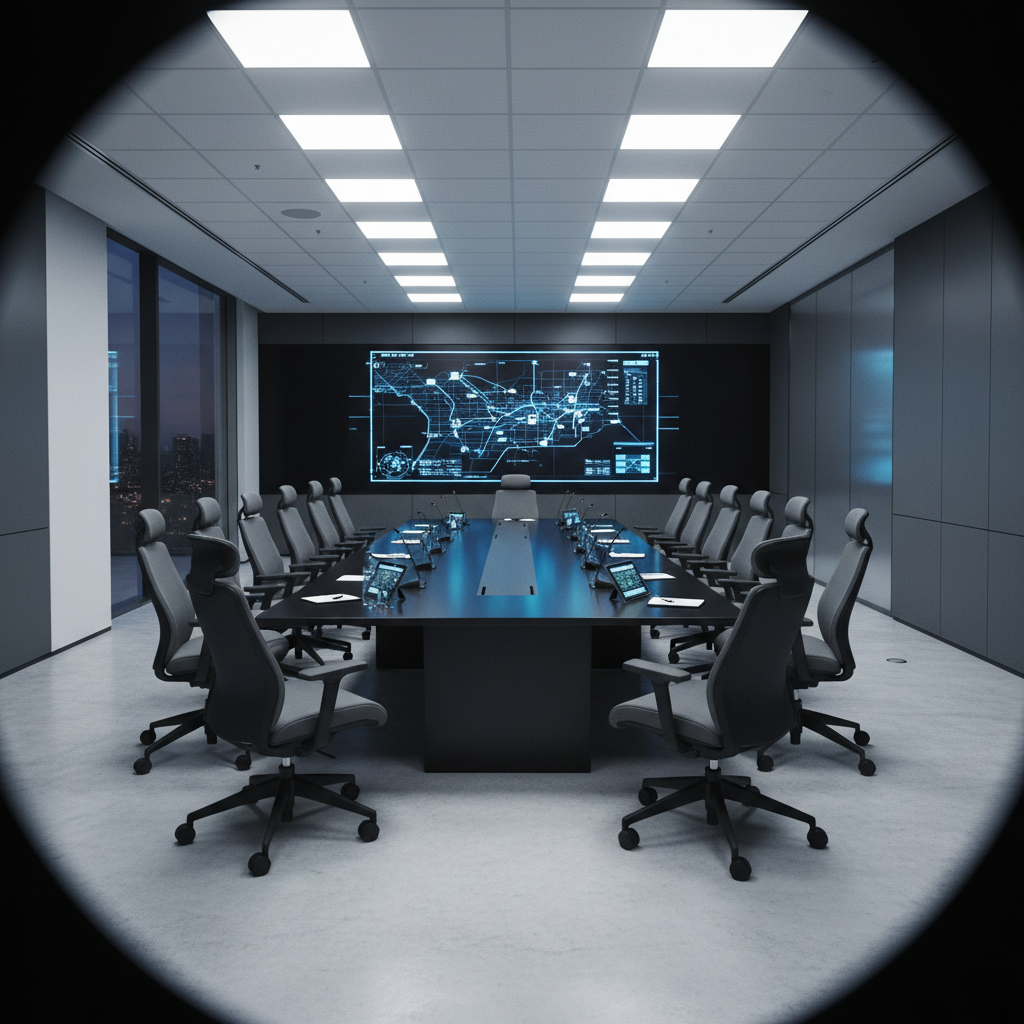 Tactical briefing room with large video display and seating for athletes