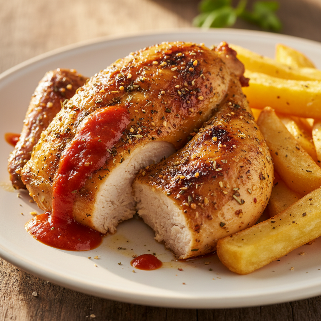 Quarter grilled chicken with crispy golden skin and peri-peri marinade