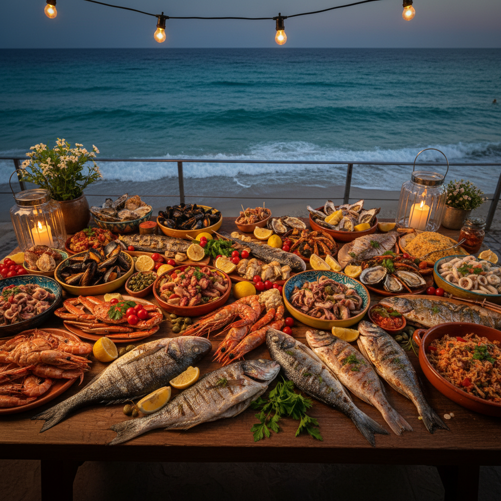 Private dining table set on Italian villa terrace overlooking turquoise sea at golden hour