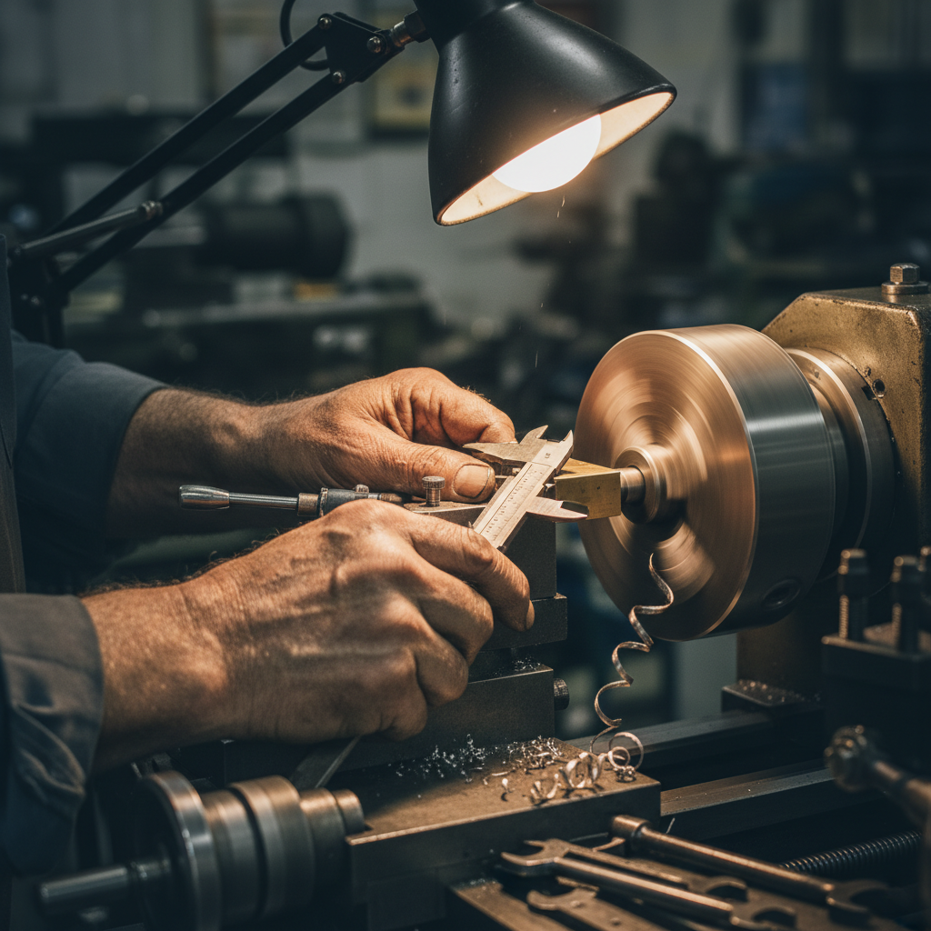 Close-up of weathered hands of an experienced toolmaker working on a precision lathe machine