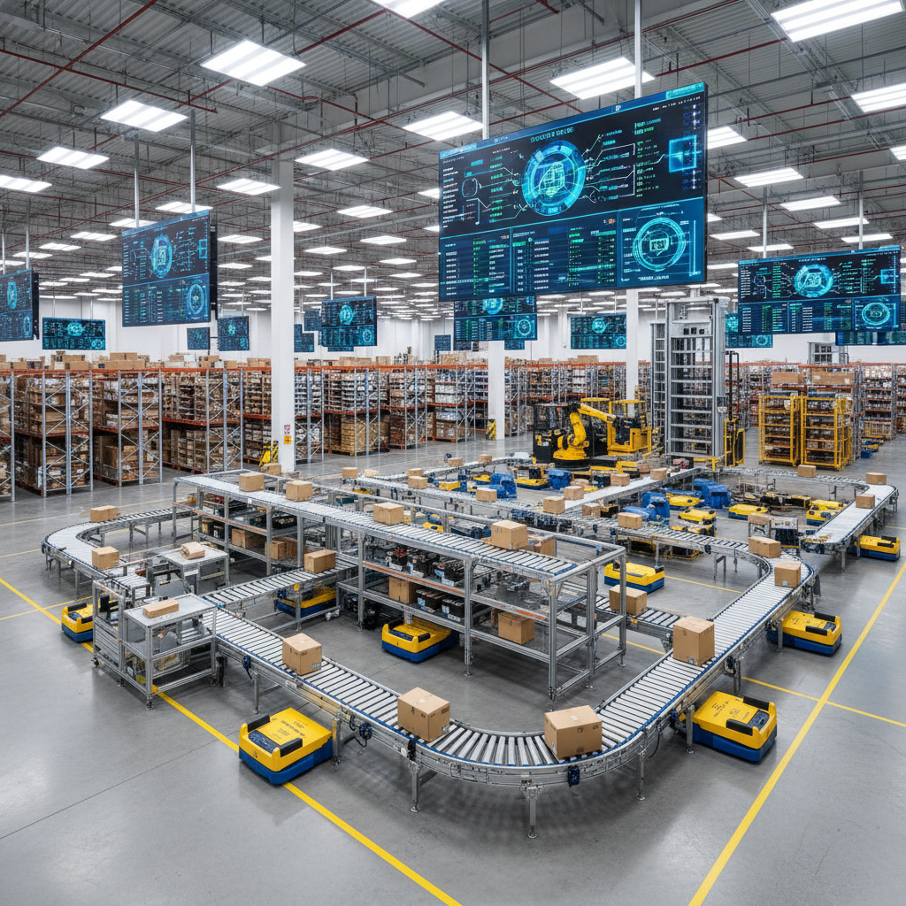 Busy modern warehouse with automated sorting systems and workers managing e-commerce logistics