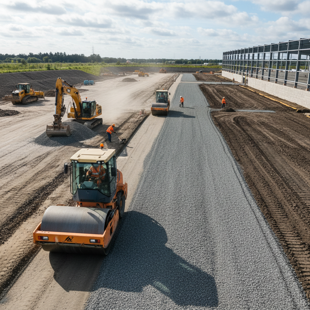 Site preparation and sub-base compaction work in progress at logistics carpark