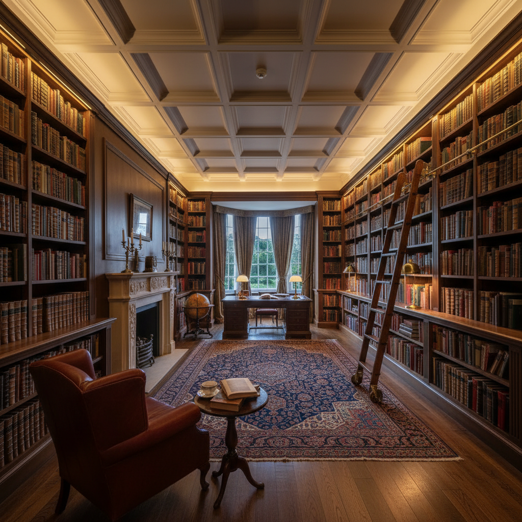 Tall dark wooden bookshelves filled with leather-bound books, rolling library ladder, warm amber overhead lighting