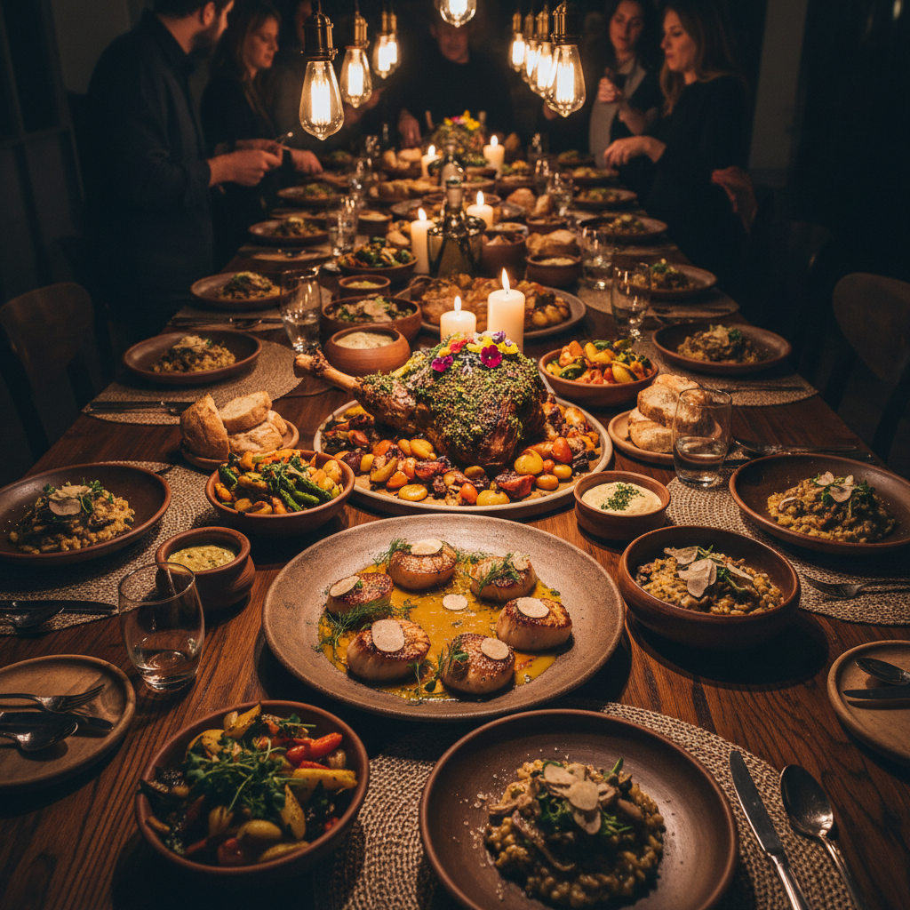 Large group of friends celebrating at a long restaurant table with drinks raised, warm candlelit atmosphere