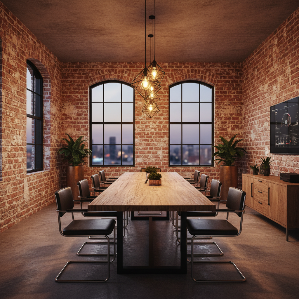 Commercial office space with industrial pendant lights and exposed conduit