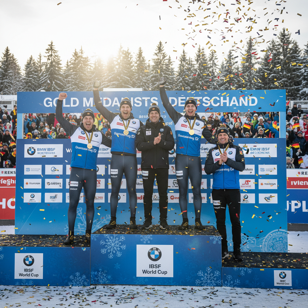 German bobsled crew celebrating gold medal at Altenberg World Cup, Müller and Schneider on podium