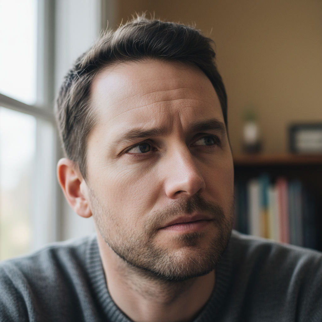 Portrait of European man, thoughtful expression, casual setting