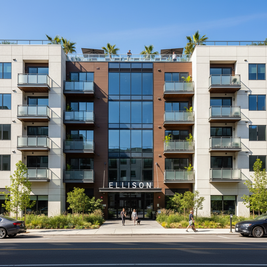 The Ellison apartment complex exterior, modern Class A wrap-style multifamily development with rooftop pool in Las Vegas, Nevada