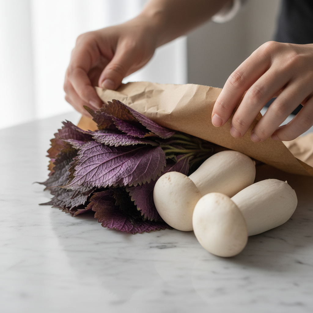 Hands carefully unwrapping kraft paper to reveal purple shiso leaves and ivory king oyster mushrooms on a marble counter