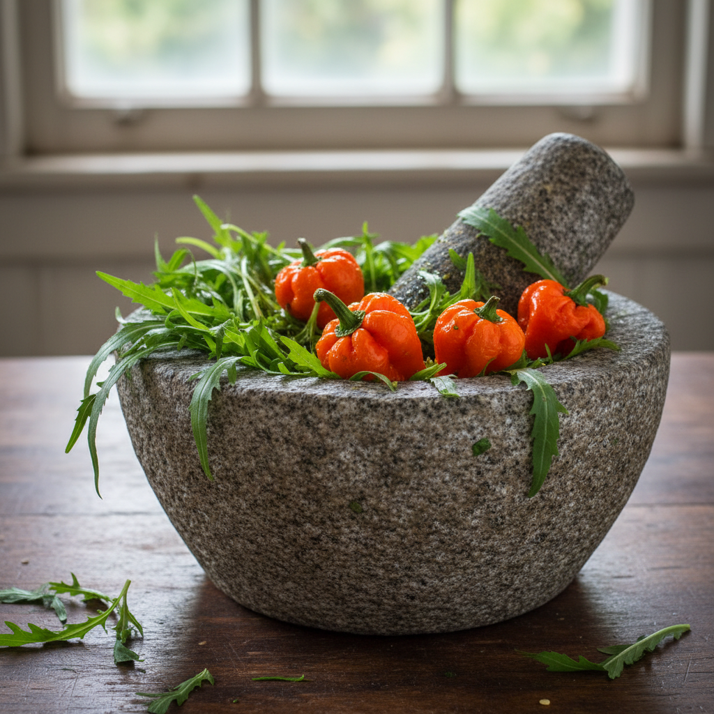 Green chadon beni herbs and scotch bonnet peppers in a stone mortar