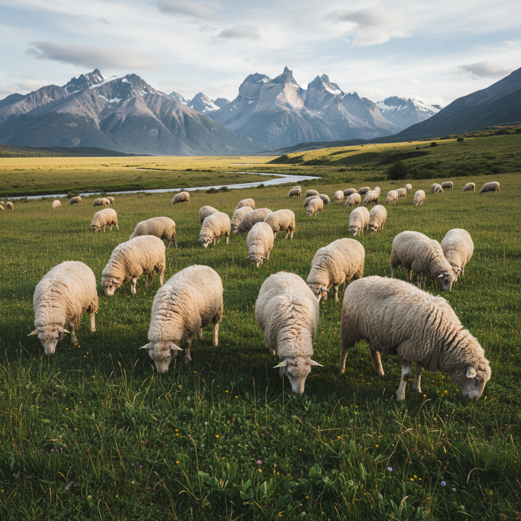 Merino sheep grazing on Patagonian grassland with mountains behind