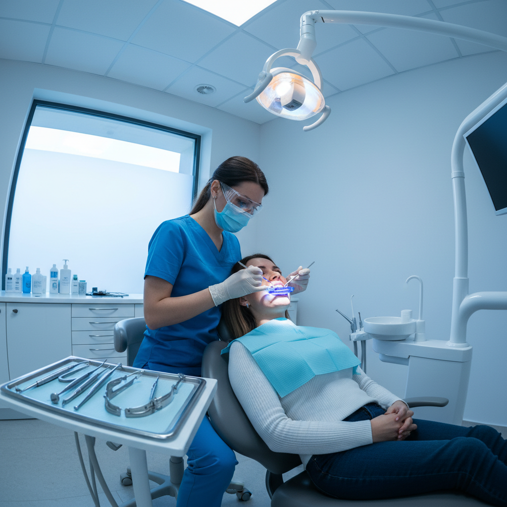 Dental professional performing teeth cleaning procedure with patient in bright clinical environment