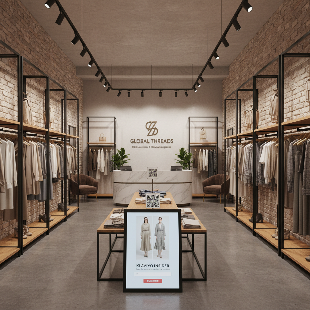 Minimalist fashion store interior with clothing racks, neutral tones, clean modern retail space