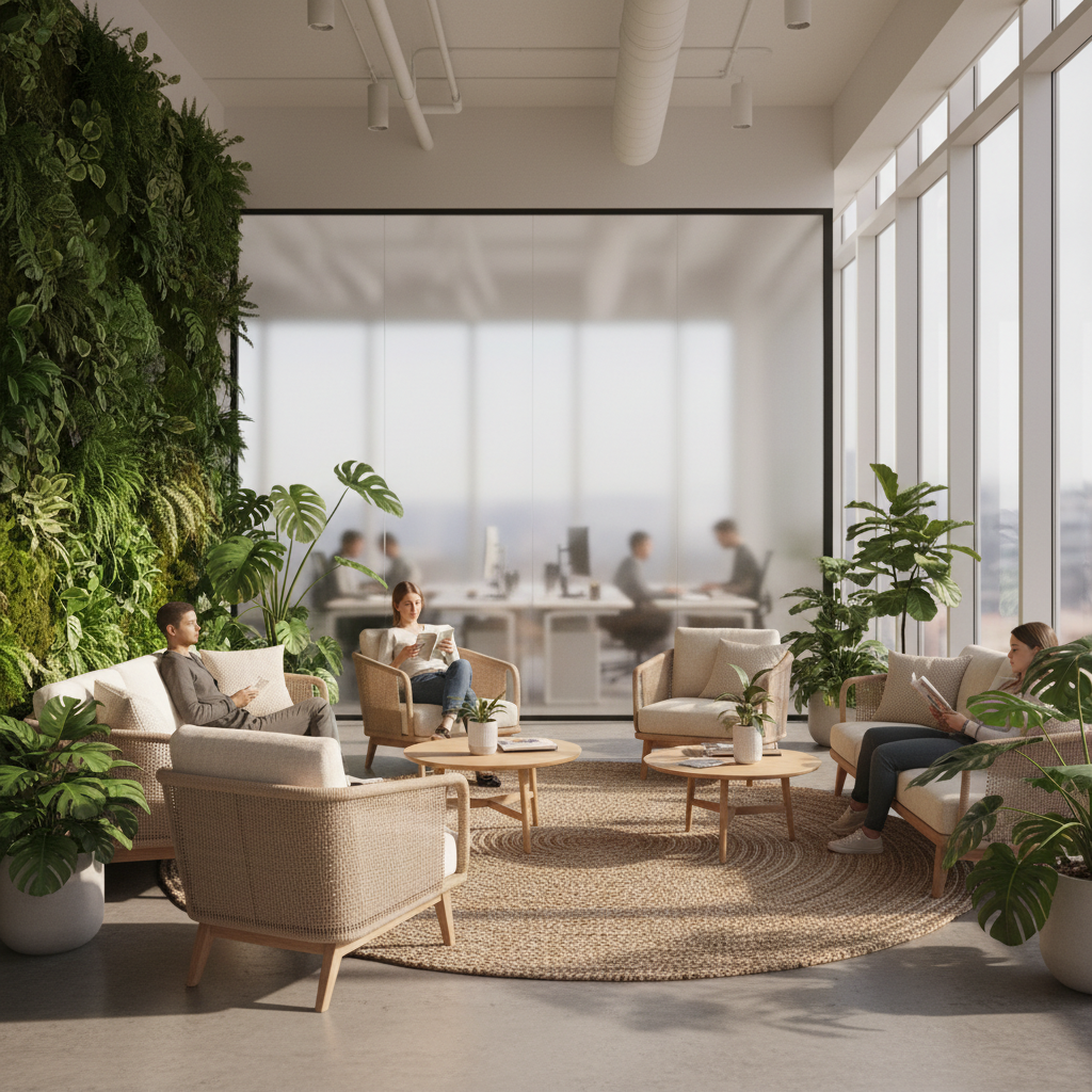Modern bright office lounge area, comfortable seating, natural plants, warm daylight, relaxed creative atmosphere