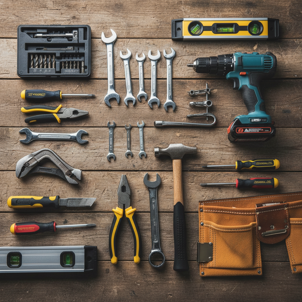 Handyman tools organized on workbench ready for home repair work