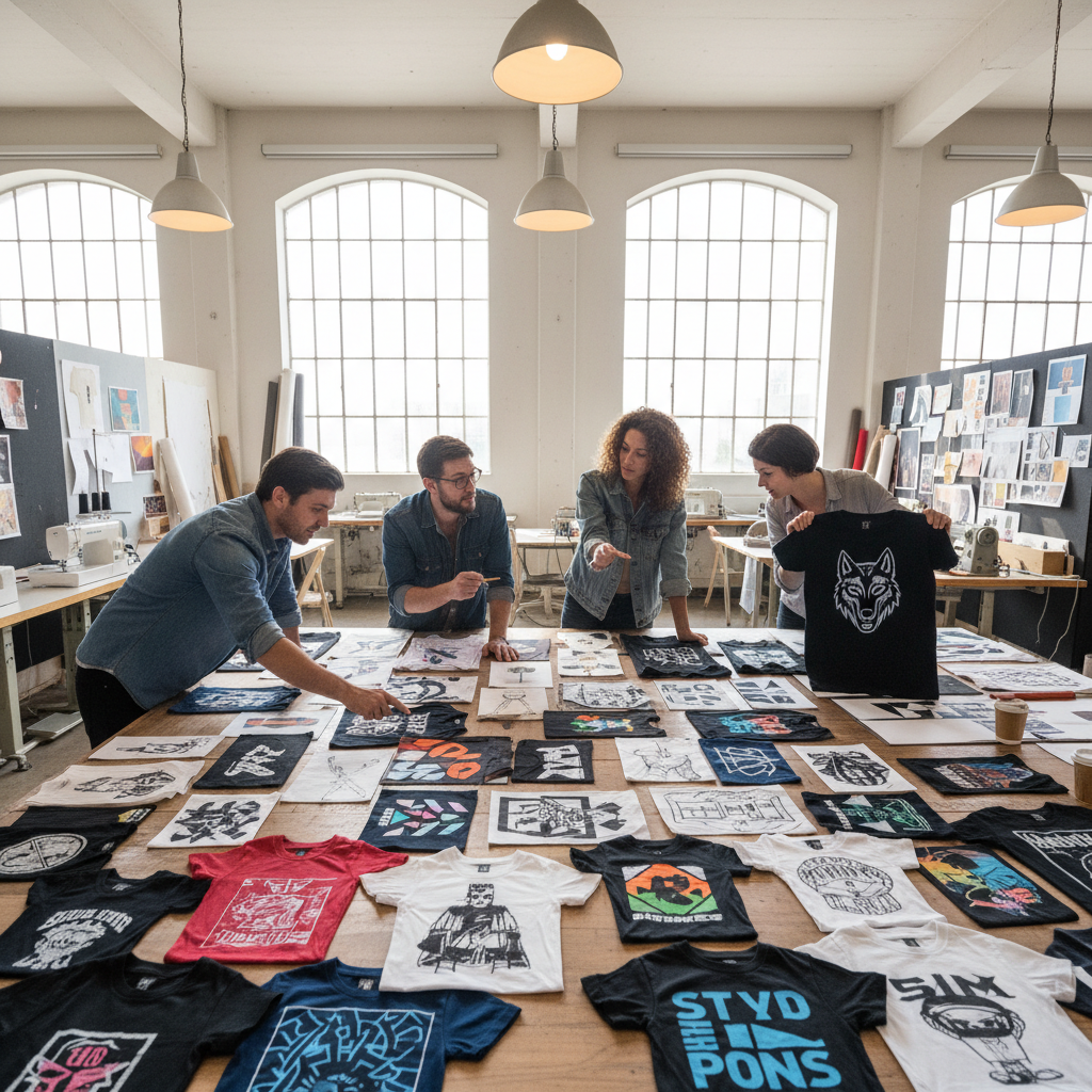 Creative team reviewing t-shirt designs spread out on a large table in a studio