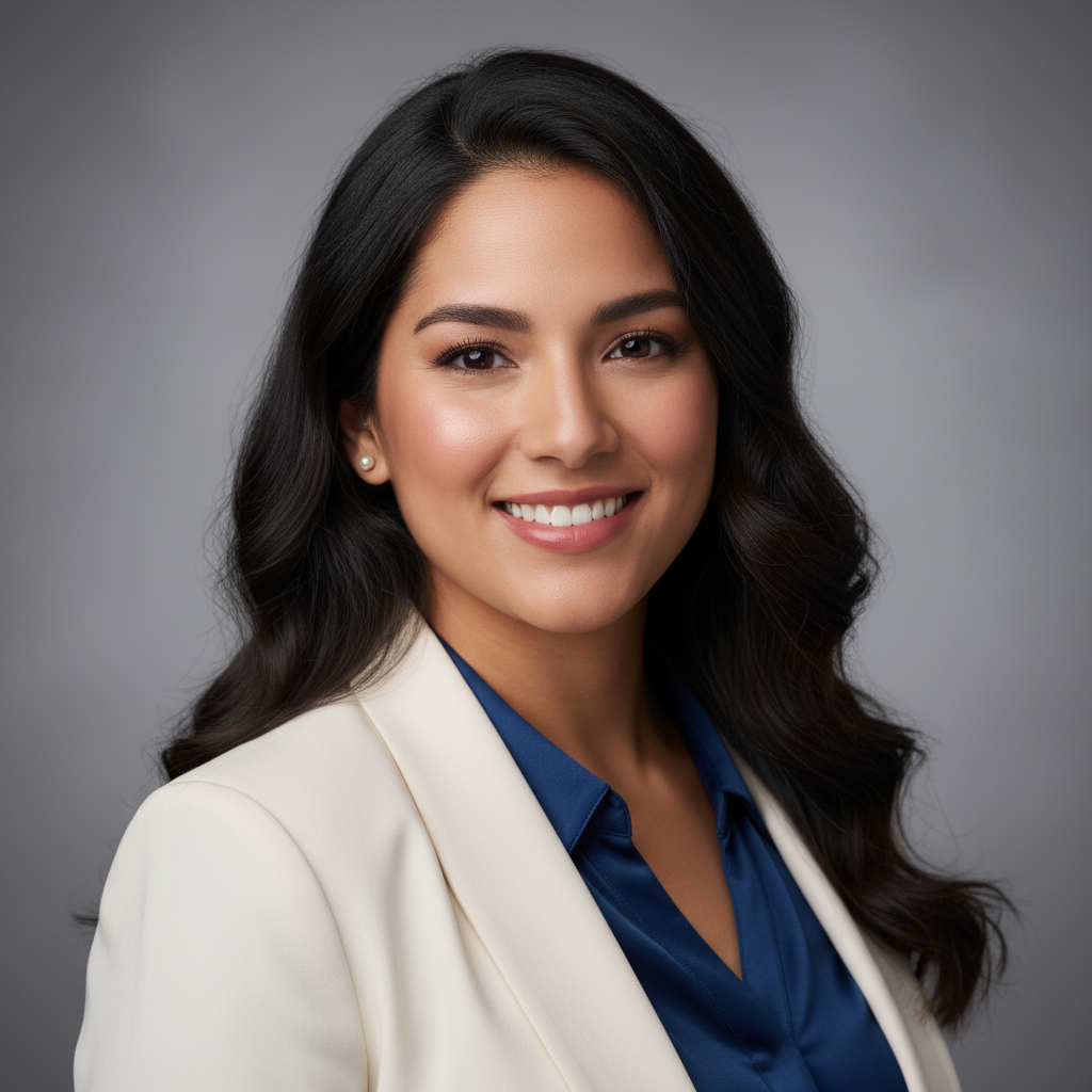 Stylish Latina woman fashion influencer, bright confident smile