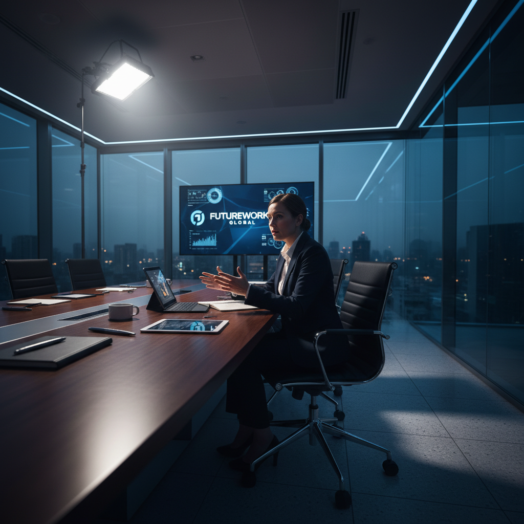 Corporate campaign shoot with dramatic directional lighting in a boardroom setting