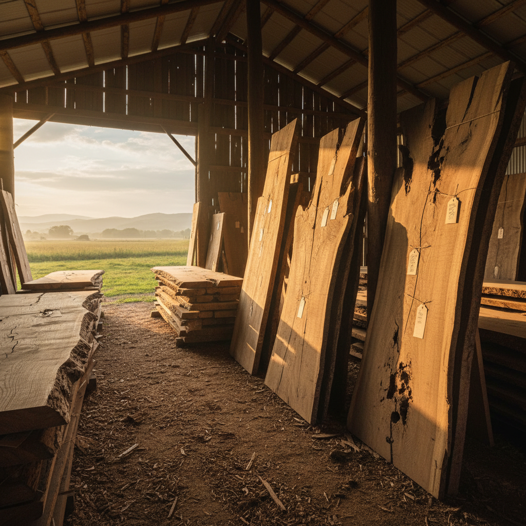 Finished reclaimed wood slabs displayed in an open-sided barn, tagged with species and dimensions, warm afternoon light raking across the grain