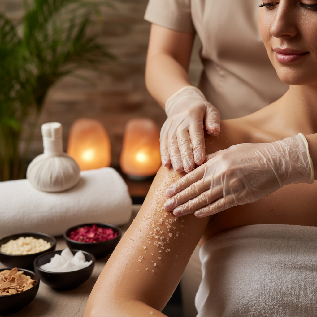 Body scrub treatment being applied to legs with exfoliating cream in a spa