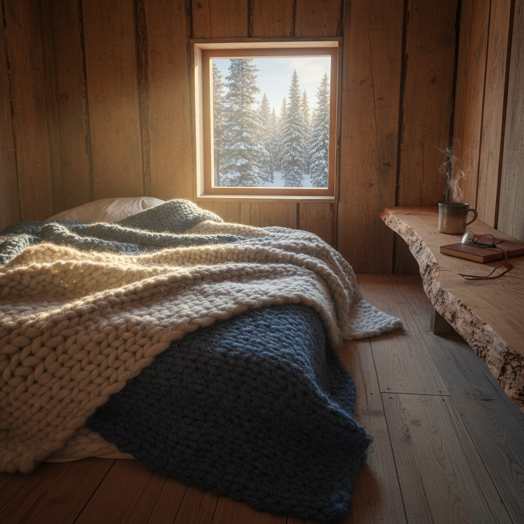 Warm morning light in a sleeping loft with wool blankets, a small window showing pine trees outside, and a mug of coffee on a rough-sawn shelf