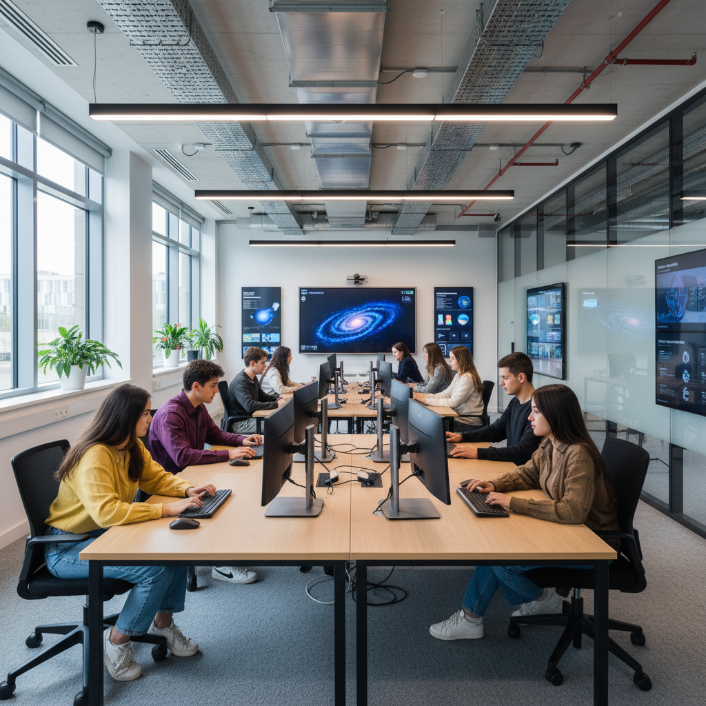 Students in a modern digital classroom at GHITS University with technology equipment