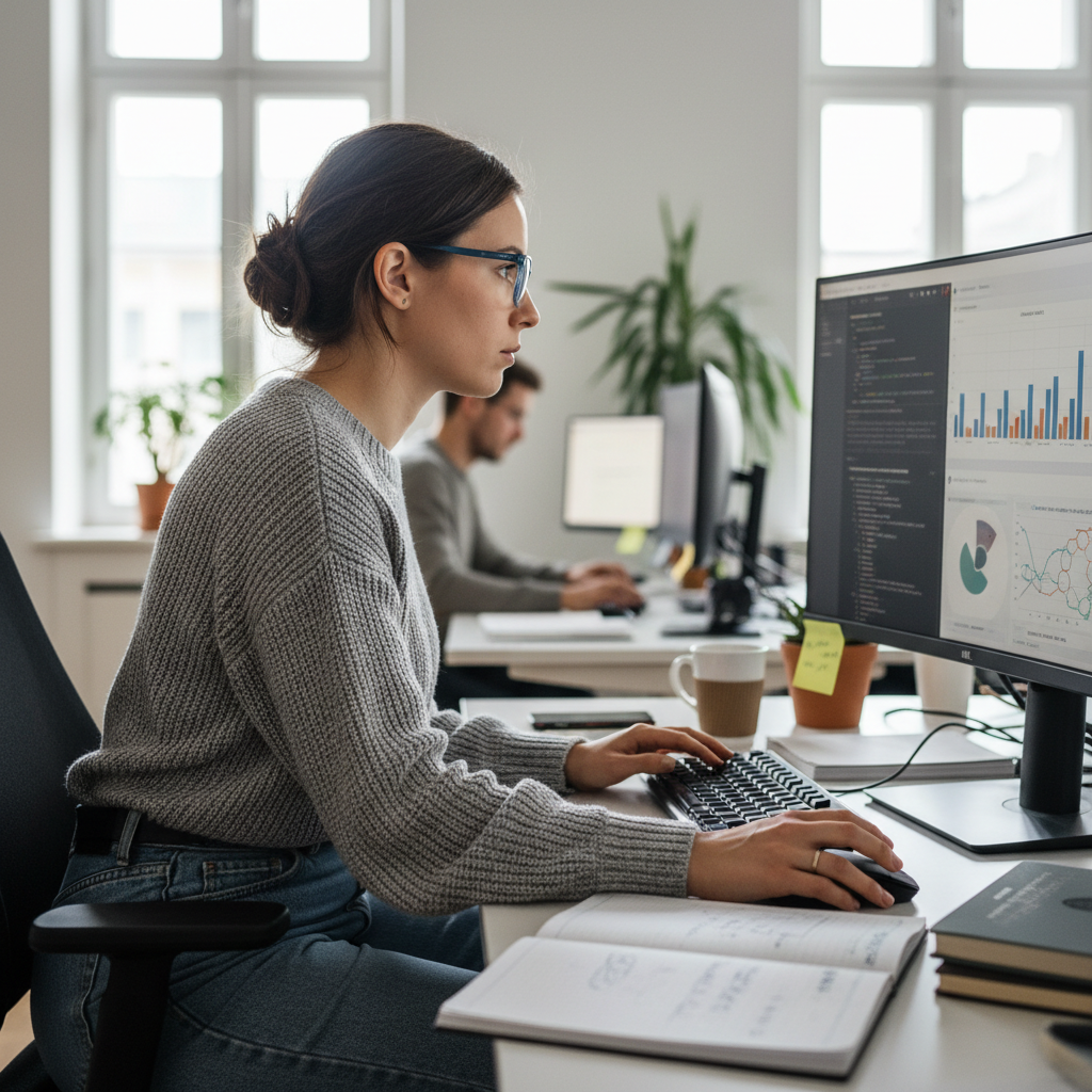 Selin Çelik, data journalist, focused expression in work environment