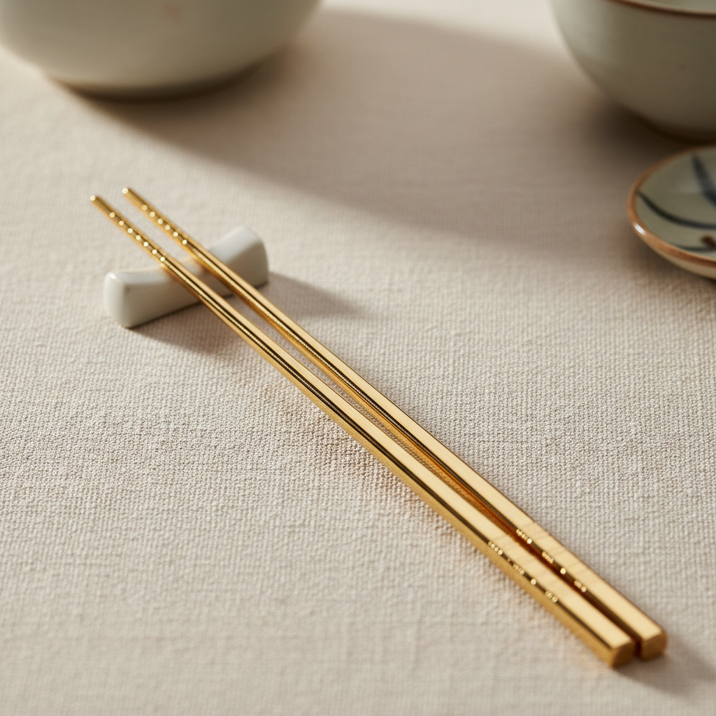 Gold chopsticks resting on ivory linen with a single red peony beside hand-calligraphed place card