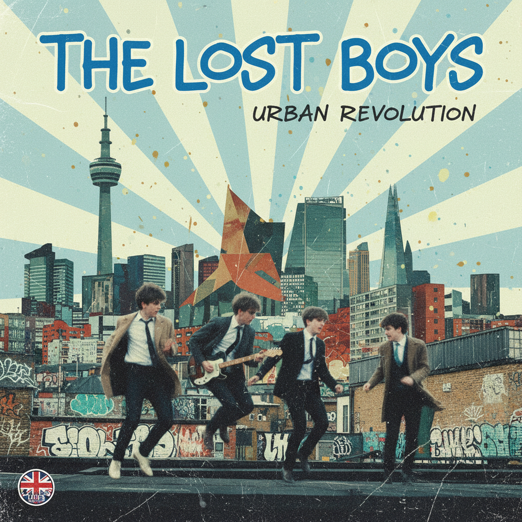 Group of stylish men laughing, rooftop setting, night city lights