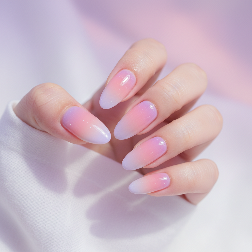 Gradient ombre nail design transitioning from dark to light silver tones, atmospheric lighting
