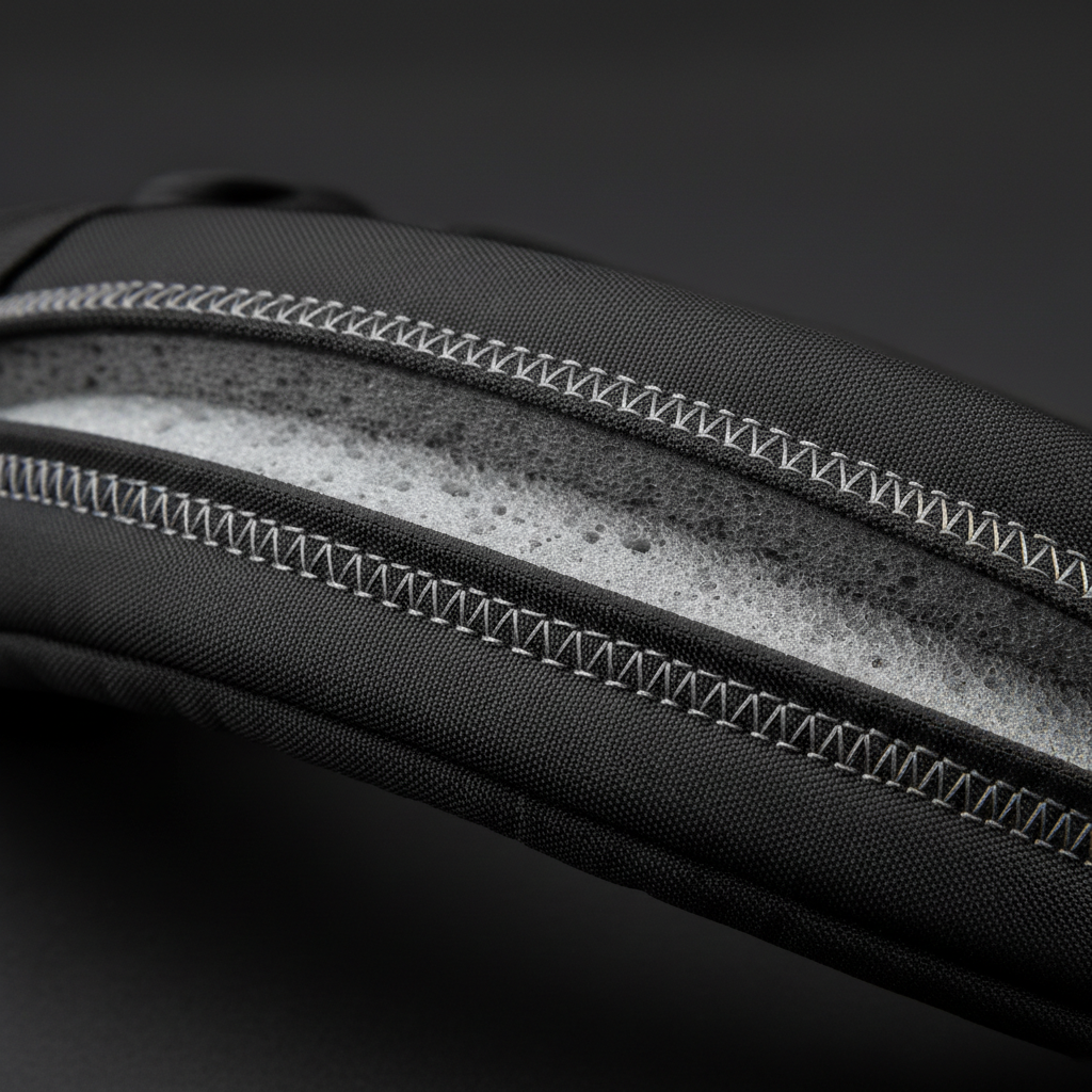Close-up detail of padded shoulder strap showing foam thickness and stitching pattern, dark background