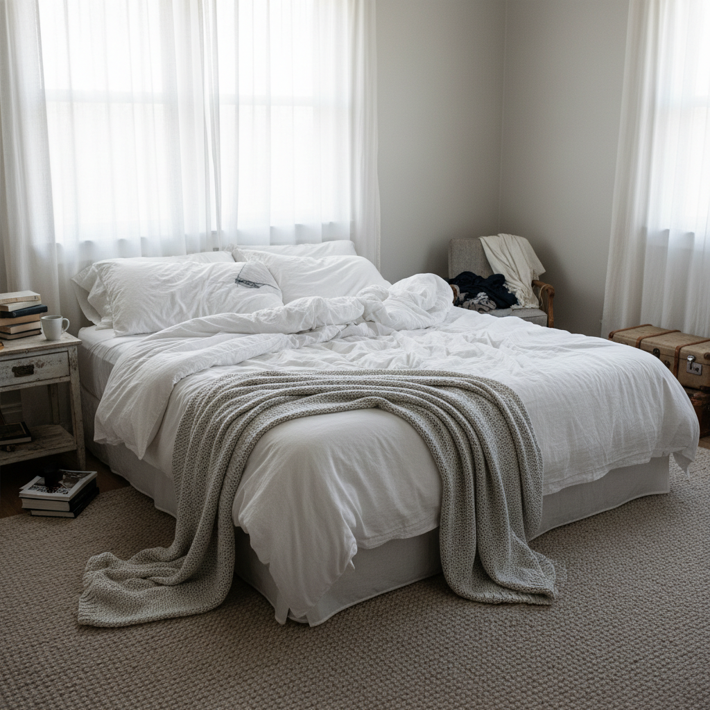 Unmade guest bedroom with rumpled sheets after checkout