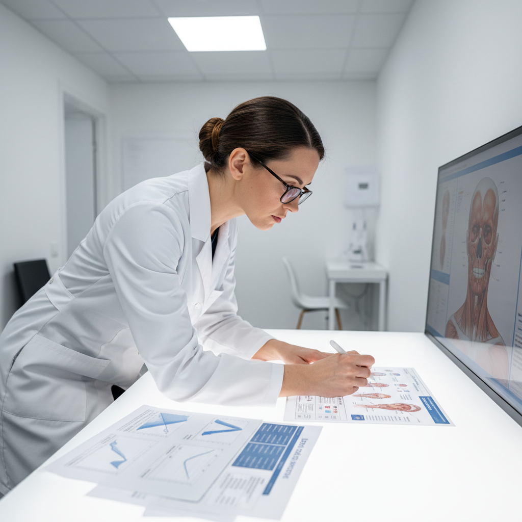 Professional therapist in clinical setting reviewing anatomy charts with focused expression