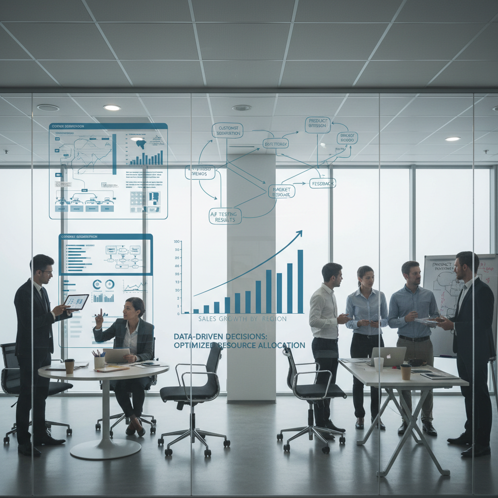 Modern corporate office with glass walls and professionals in meeting room