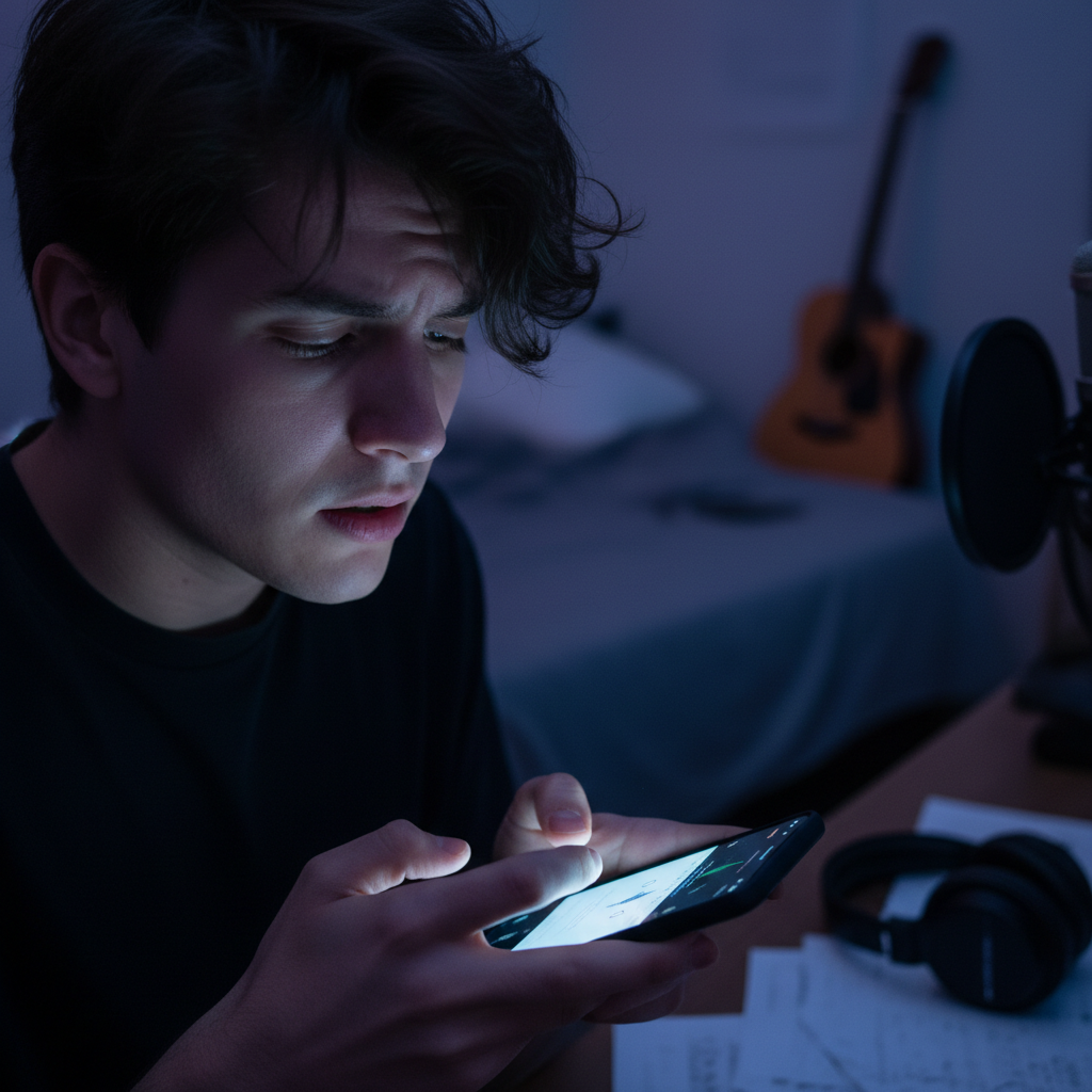 Young person recording music on a phone in a dark bedroom