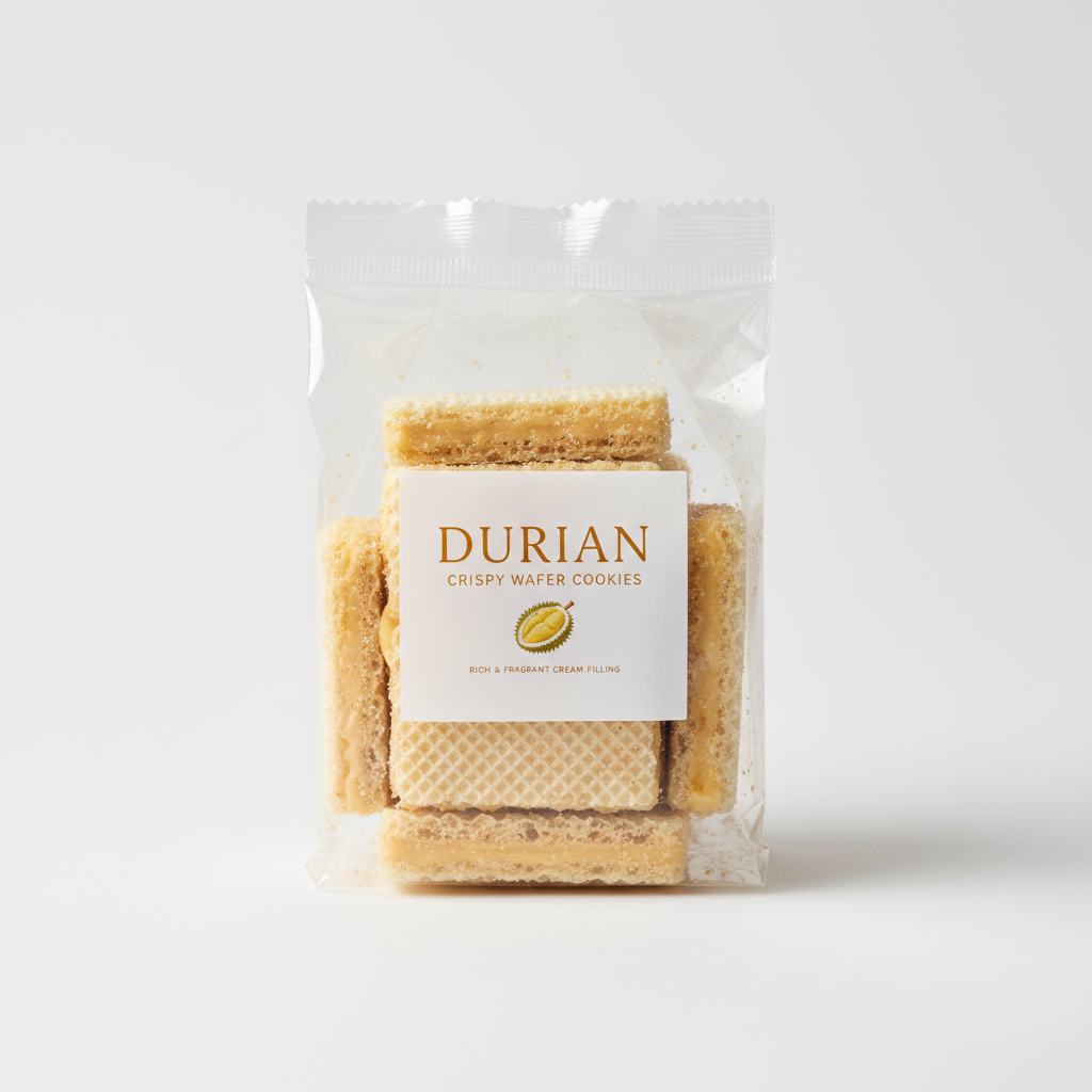 Cream colored durian flavored crispy wafer cookies in clear packaging